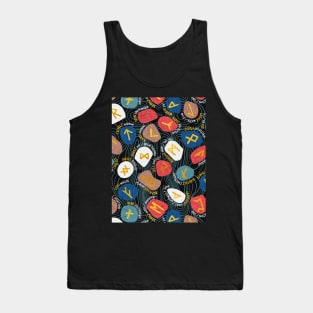 Mystical Viking Runes // pattern // black background blue red brown and teal stones golden letters of the runic alphabet Tank Top